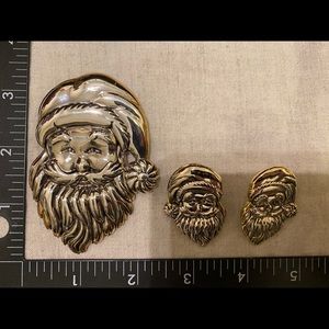 Silver Tone Santa Brooch & Earrings